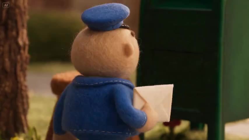 Original adult felt postal puppet with one envelope, green mailbox, tree, and parked truck