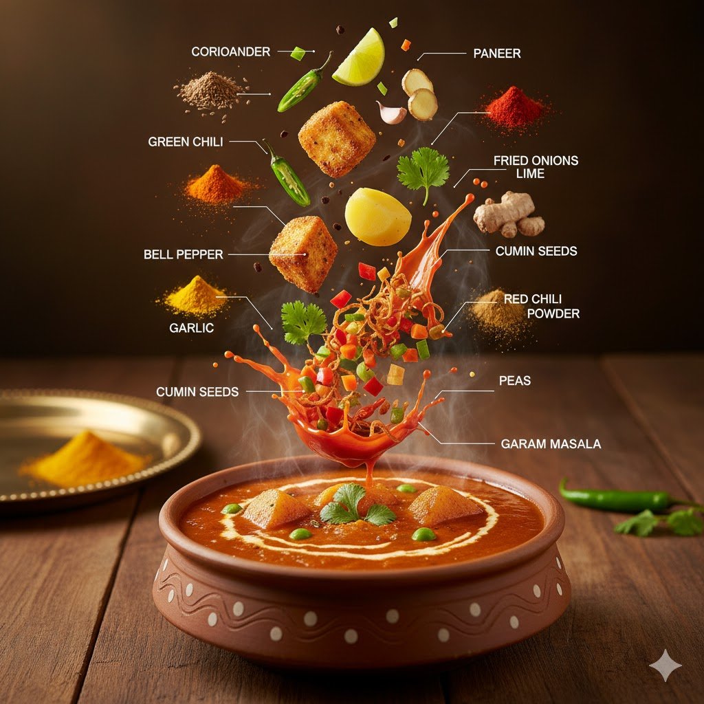 Náhled Infografiky koření a ingrediencí kari se subjektem, kompozicí, směrem stylu a opakovaně použitelnou strukturou výstupu.
