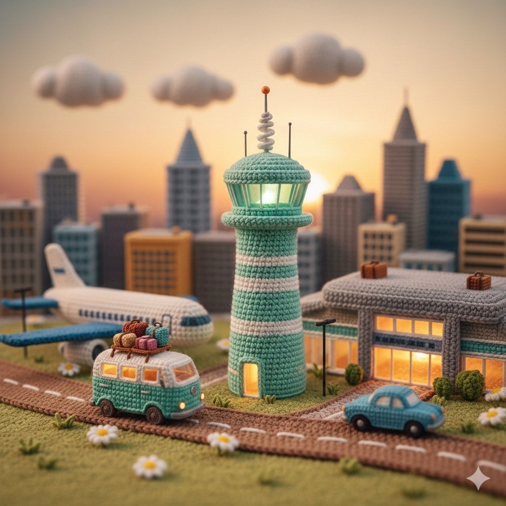 Crocheted airport diorama with tower, terminal, airplane, road vehicles, and skyline