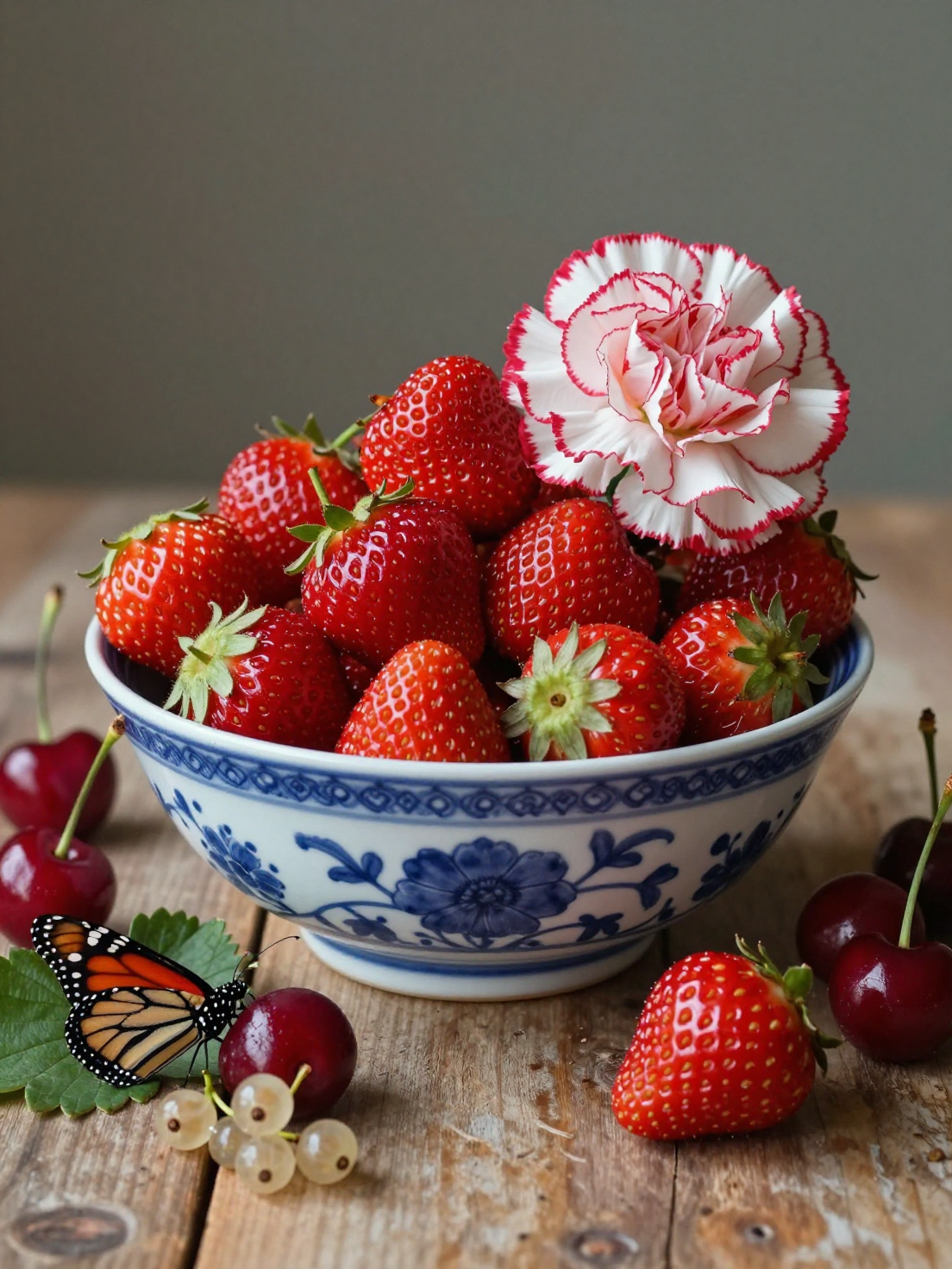 Wild strawberries overflowing blue-white porcelain beside cherries, currants, carnation, and butterfly