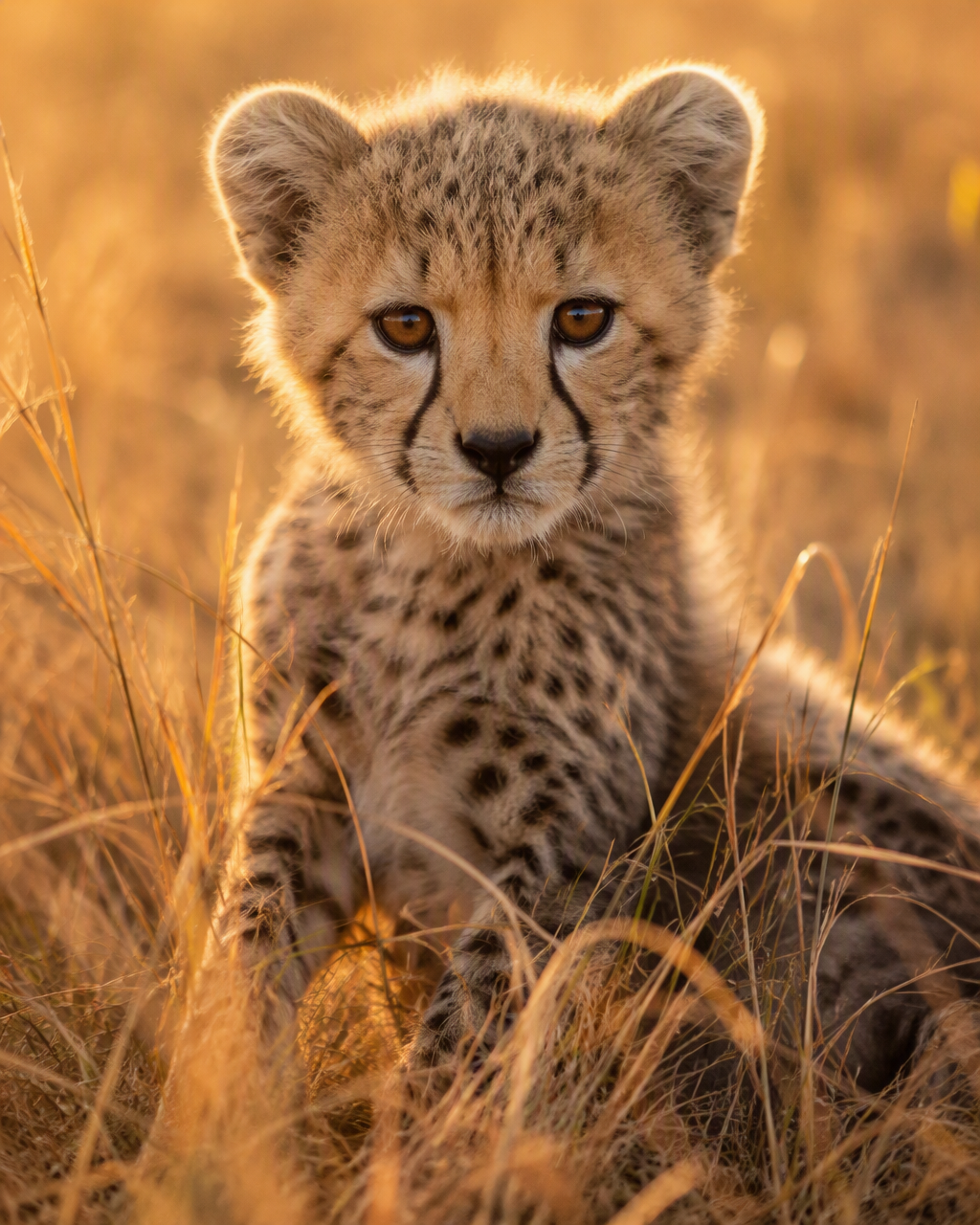 Young cheetah sitting naturally in tall golden savannah grass with sunrise rim light