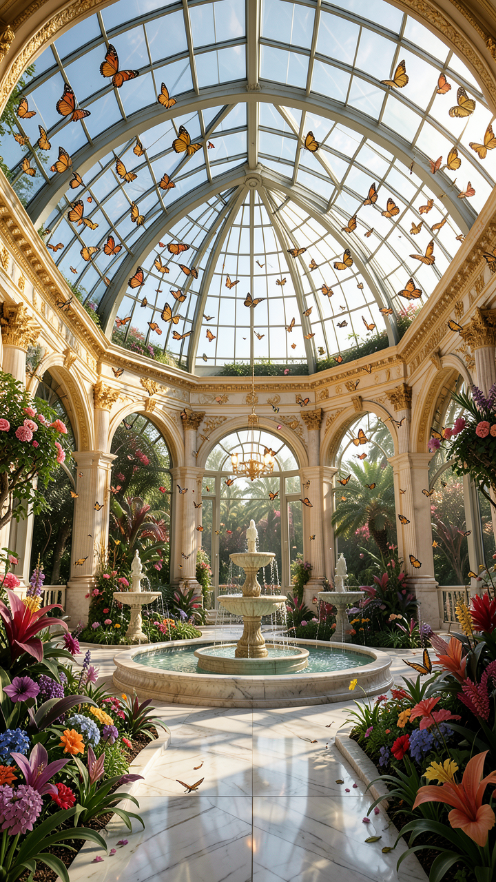 Luminous glass-dome butterfly conservatory with layered flight paths, tropical plants, fountains, and marble walks