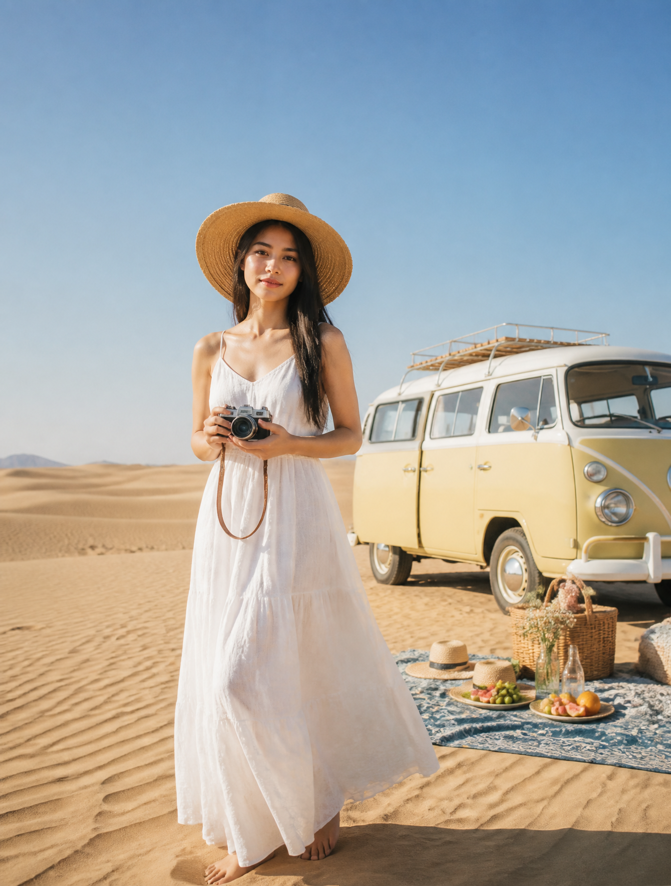 Original adult traveler holding a vintage-style camera beside a pale camper in open desert