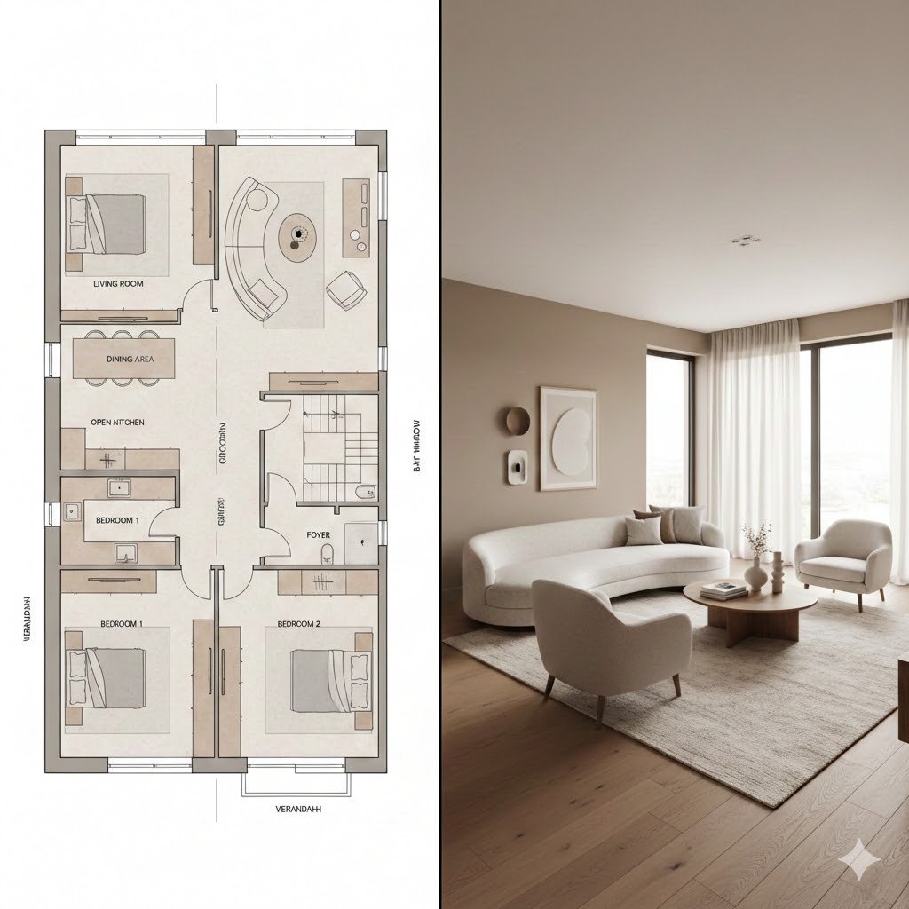 Náhled od půdorysu k útulnému interiéru, ukazující linie plánu, rozmístění nábytku, teplé materiály, světlo z okna a hotový render místnosti.