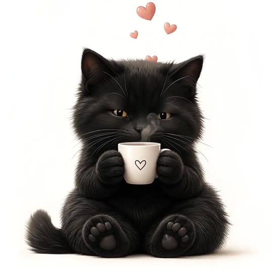 Authorized black cat portrait beside a plain white cup in warm morning light
