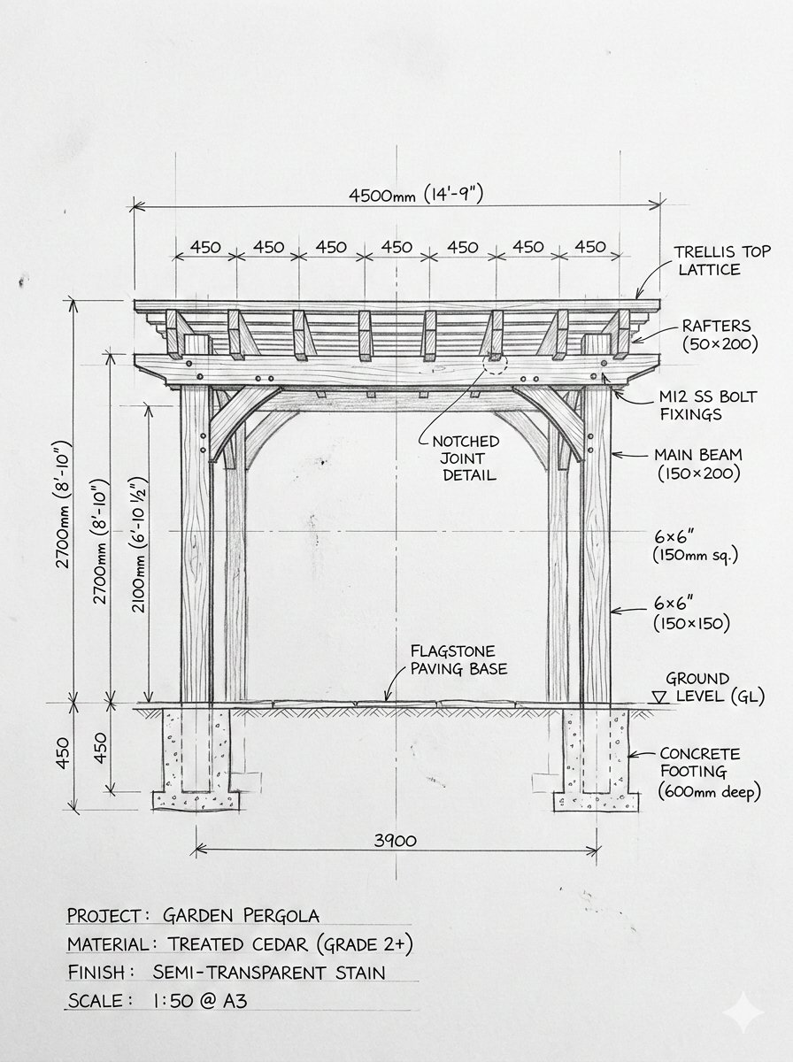 Pergola sketch to garden render preview showing a pencil architectural sketch transforming into a realistic wooden outdoor structure.