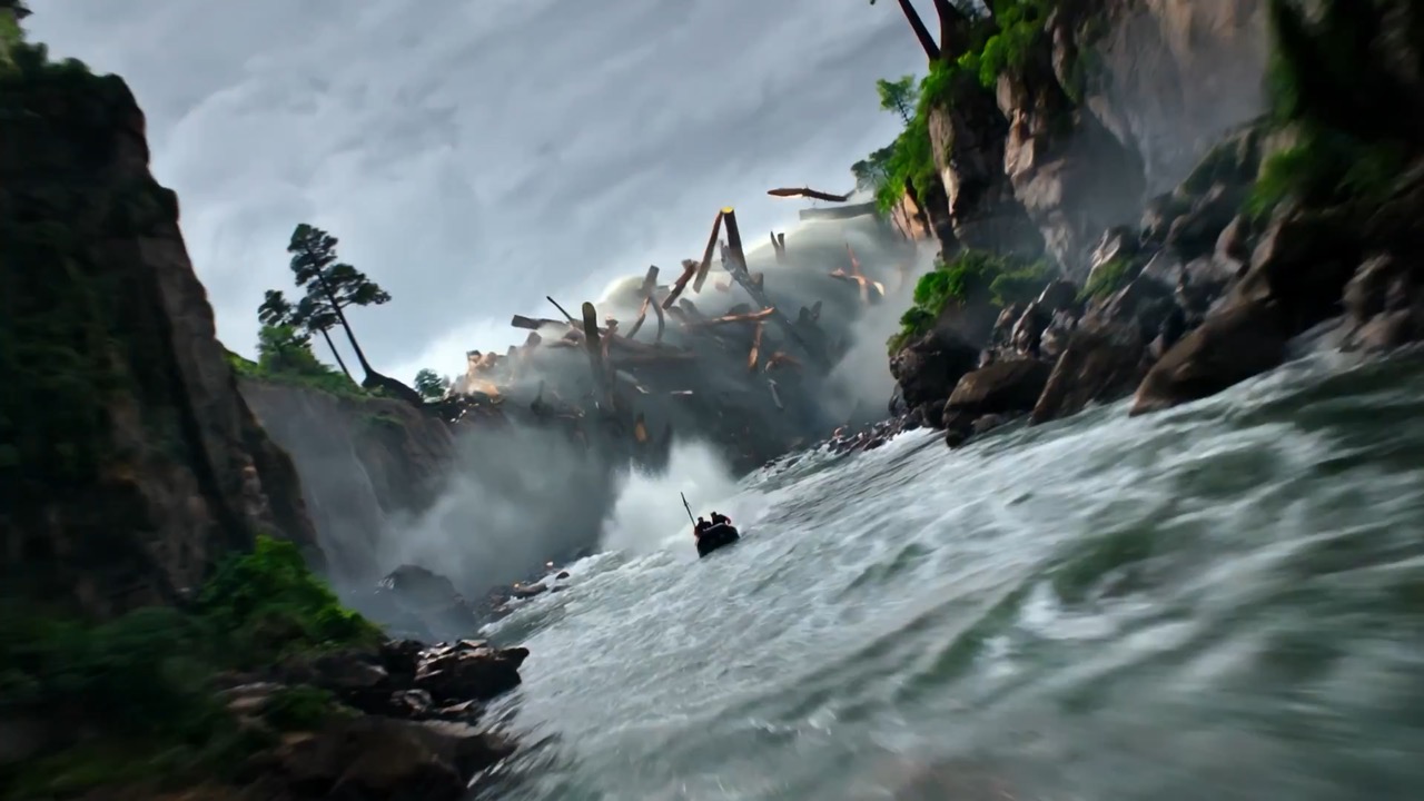 Pratinjau kejar-kejaran rafting hutan hujan berbadai dengan raft yang melarikan diri dari banjir penuh batang kayu melalui ngarai sempit.