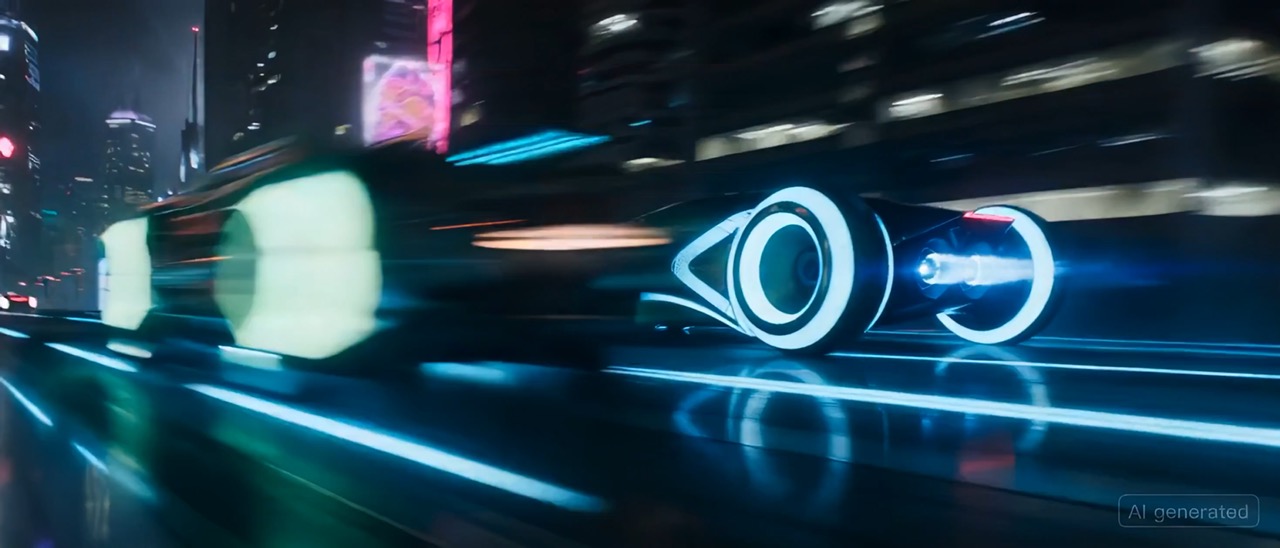 Náhled sci-fi videa města budoucnosti, kde se původní speeder pohybuje vrstveným vyvýšeným provozem.