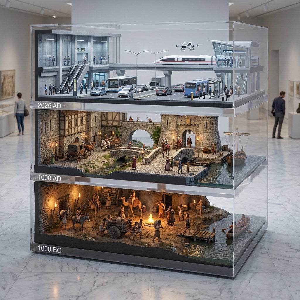Three-layer 1:18 transportation timeline for 1000 BC, 1000 AD, and 2025 AD on acrylic trays