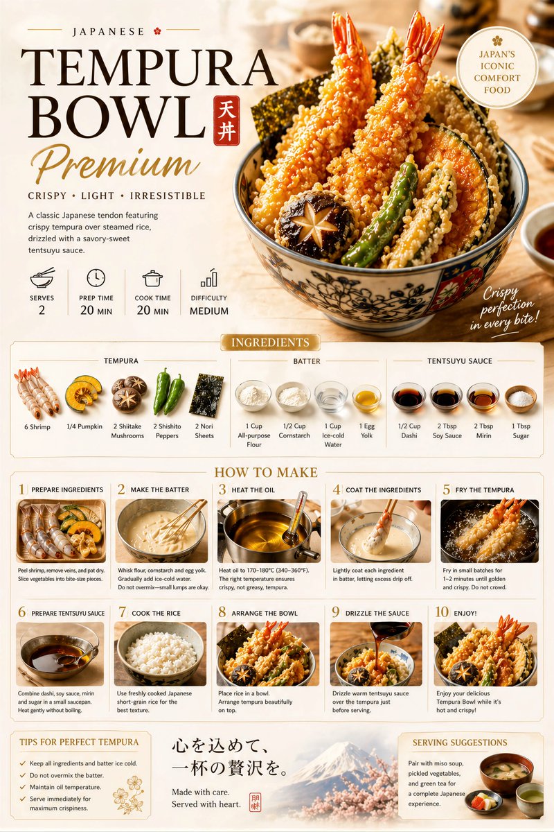 Náhled prémiového redakčního plakátu s receptem, který ukazuje hlavní jídlo, popisky ingrediencí, krátké poznámky k postupu, údaje o servírování a čisté redakční rozestupy.