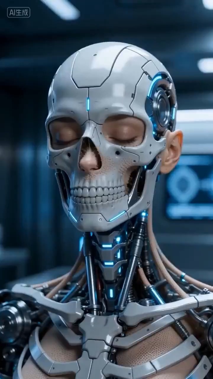 Náhled HappyHorse videa, kde se kybernetická postava formuje z mechanické struktury do hotové futuristické podoby.
