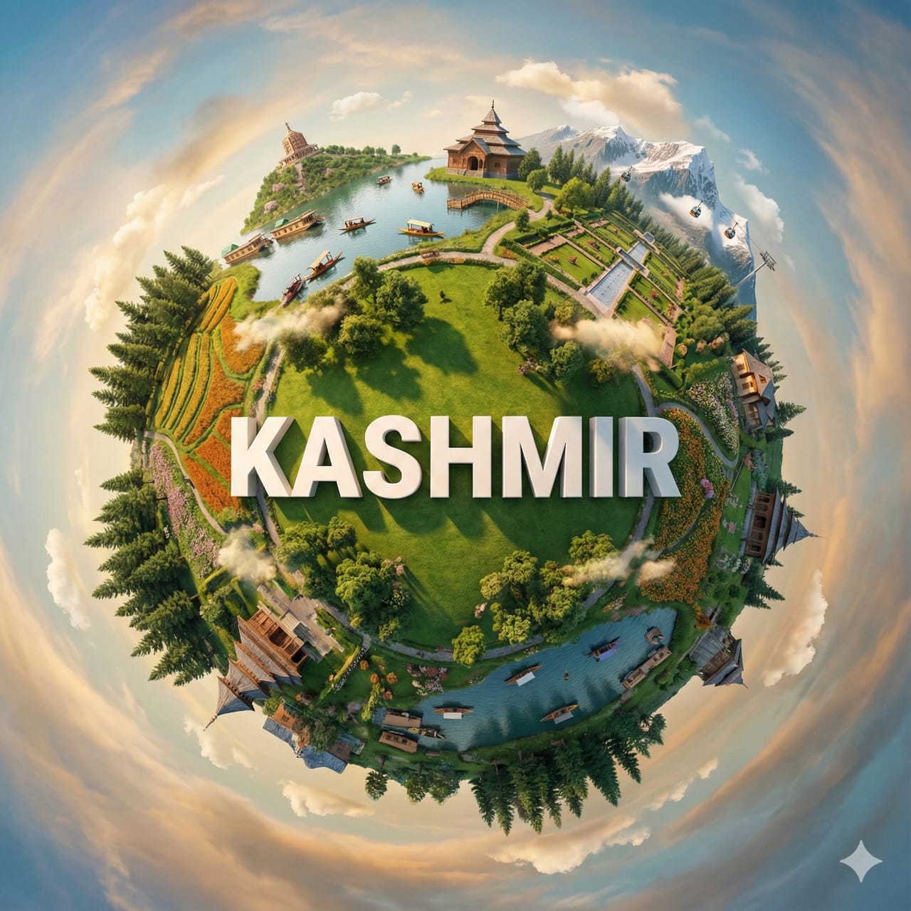 Miniature Kashmir landscape planet with verified terrain, landmarks, trees, water, and curved white title