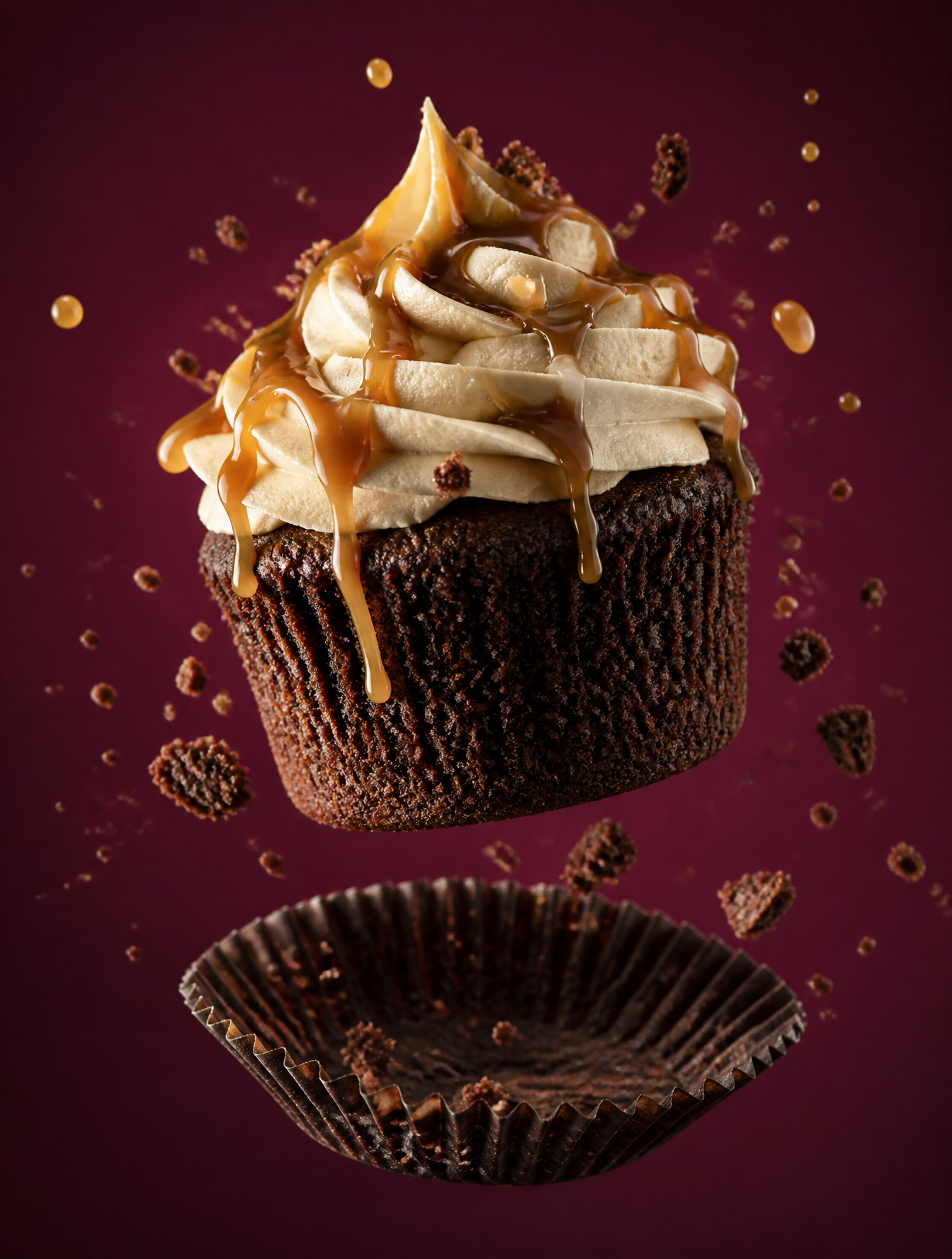 Chocolate cupcake hovering above its liner with pale buttercream and smooth caramel arcs