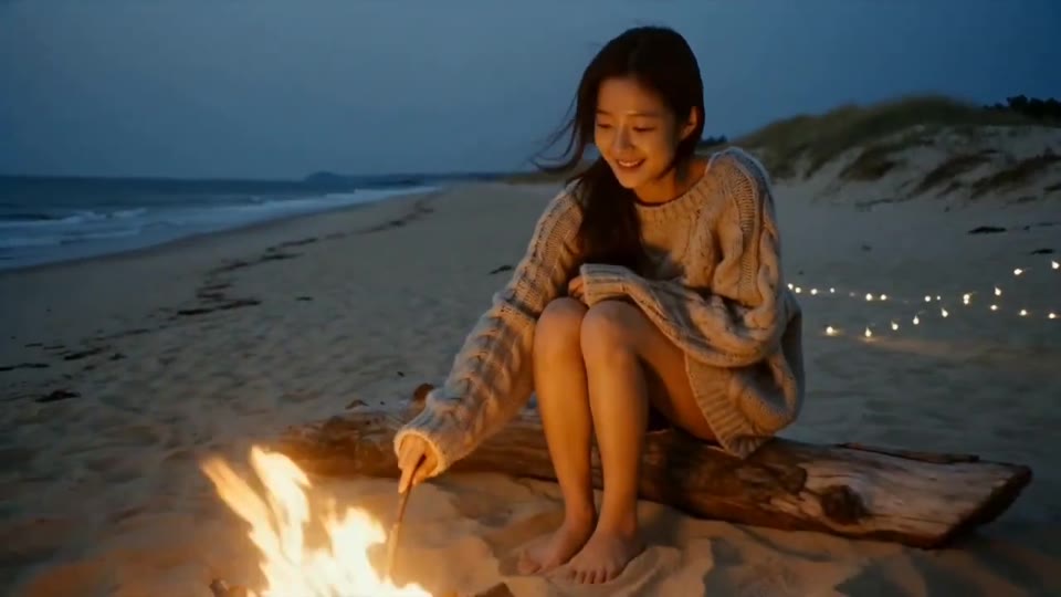 Original adult beside a contained gas fire bowl on a permitted fictional beach set