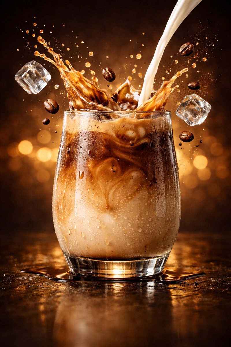 Náhled produktové reklamy s rozstřikem ledového latte ukazující nápoj, kompozici, stylový směr a znovupoužitelnou strukturu výstupu.