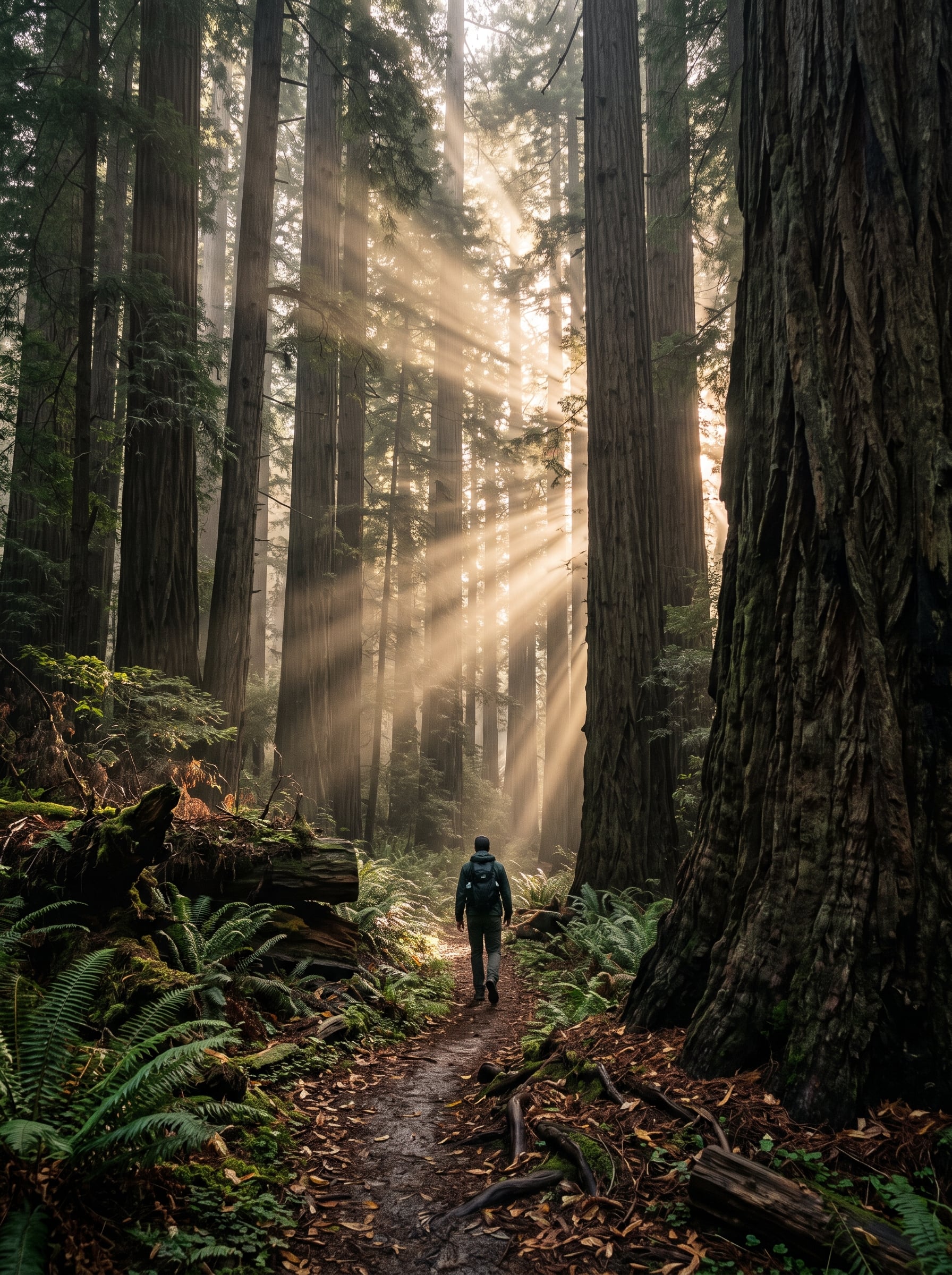 Solitary adult hiker walking on a leaf-strewn trail beneath towering redwood trunks