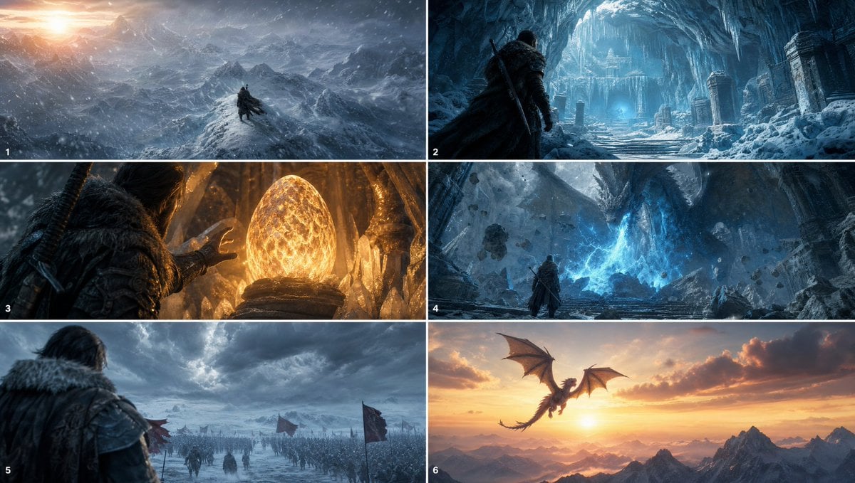 Six sequential cinematic storyboard frames arranged as two rows of three