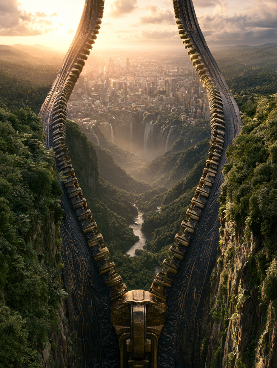 Giant V-shaped zipper opening rocky jungle cliffs onto a canyon, river, waterfalls, and city