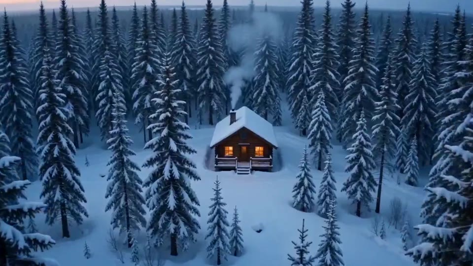 Adult resident and snowy cabin visual