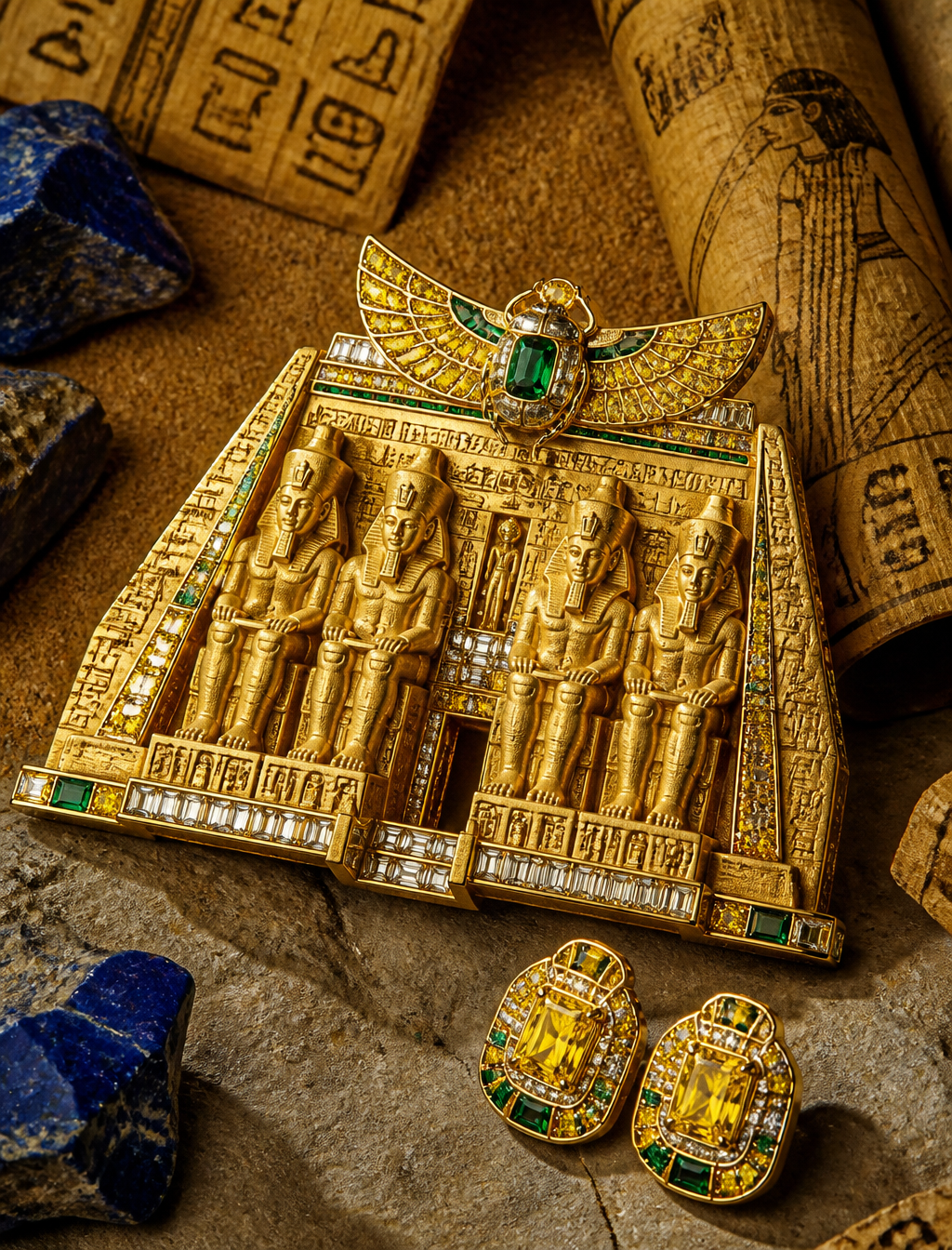 Original gold-toned architectural brooch with four abstract seated reliefs and two matching studs