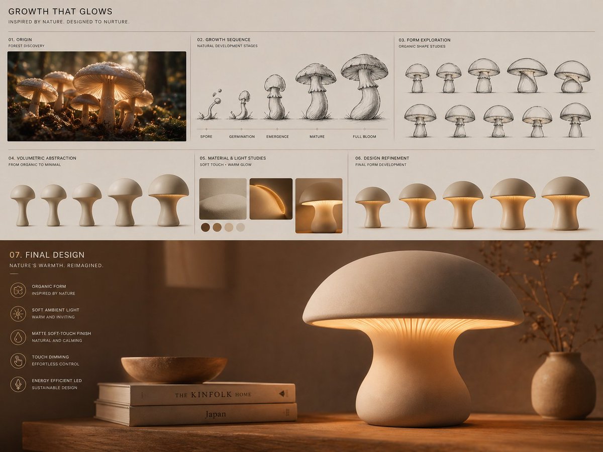 Mushroom Lamp Design Board preview showing the composition, lighting, and output direction for this image prompt.