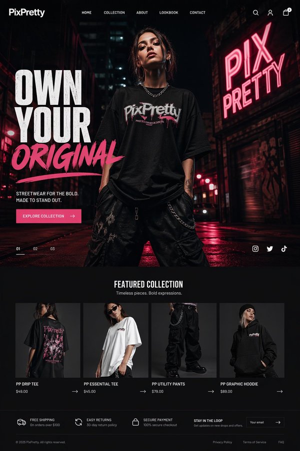 Náhled mockupu neonové streetwear landing page s hero obrazem oblečení, produktovými kartami, oblastmi CTA a responzivním ořezem.