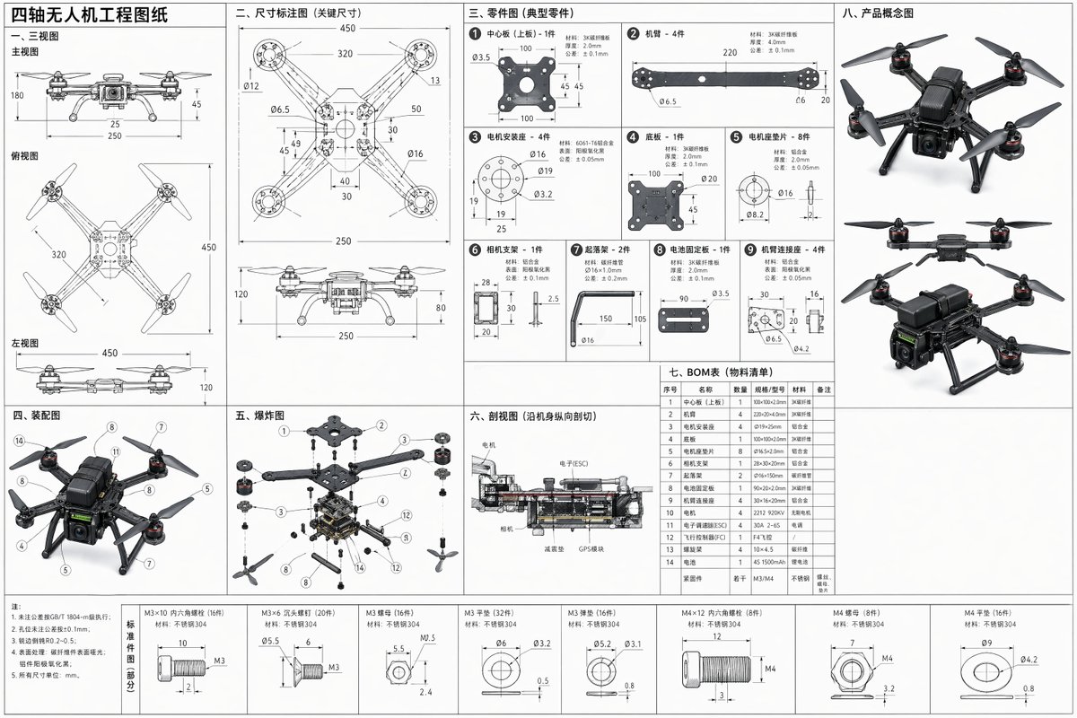 Náhled technického blueprintu kvadrokoptérového dronu s výkresy tří pohledů, explodovanými díly, řezem, kótami a tabulkou BOM.