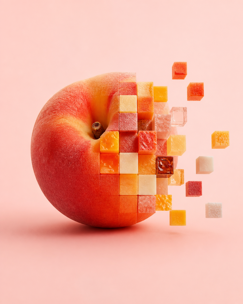 Whole peach partly separated into peel, six flesh blocks, and one pit on a pale rose background