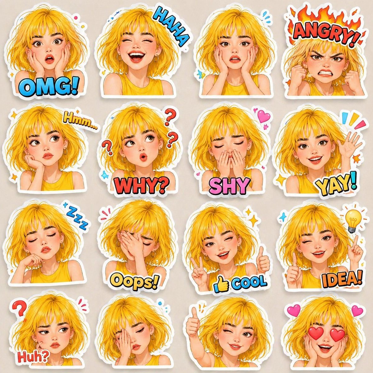 Náhled 4x4 3D avatar sticker sheetu, který ukazuje jednu konzistentní postavu v šestnácti expresivních pózách s bílými okraji a komiksovými štítky.
