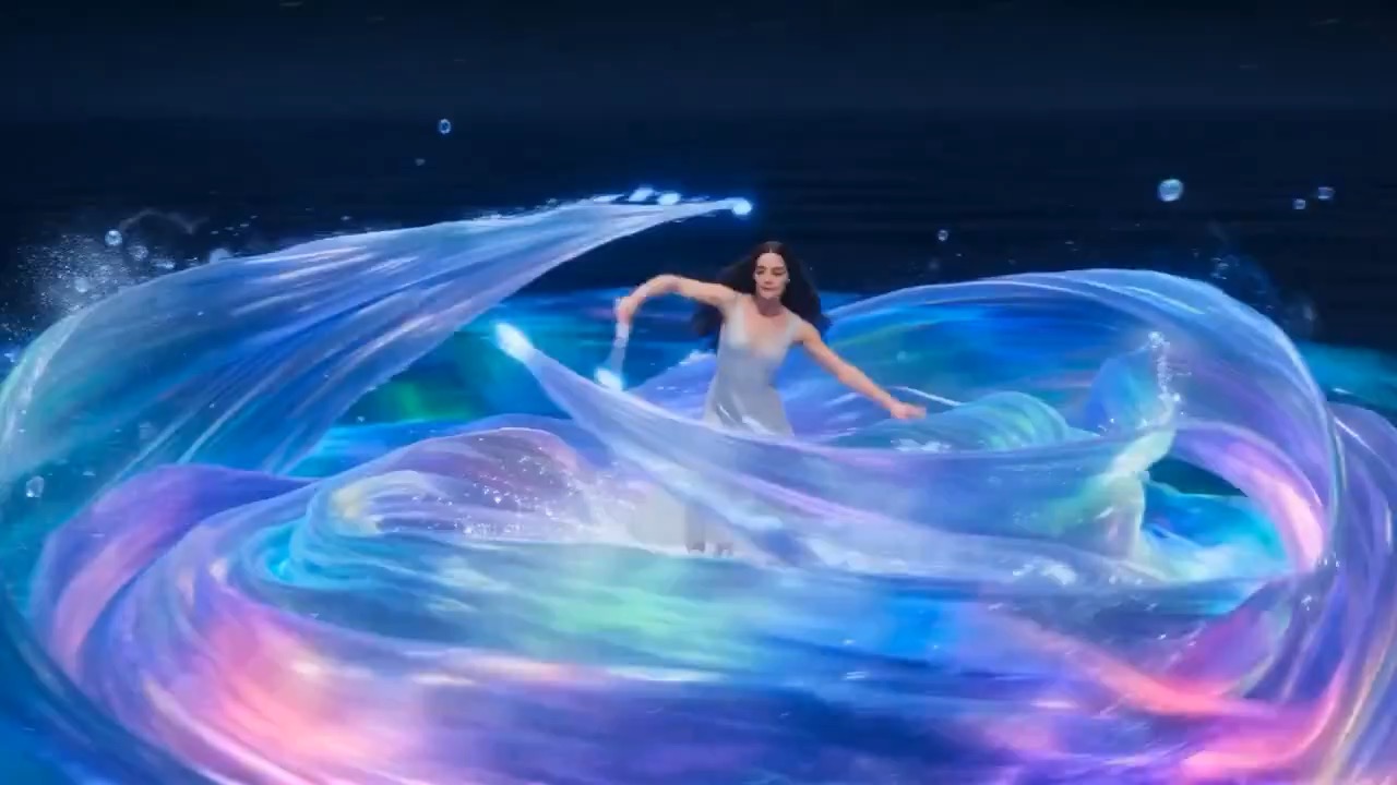 Pratinjau video avatar tari laut fantasi dengan ombak bulan, jejak air bercahaya, dan pose akhir yang seimbang.