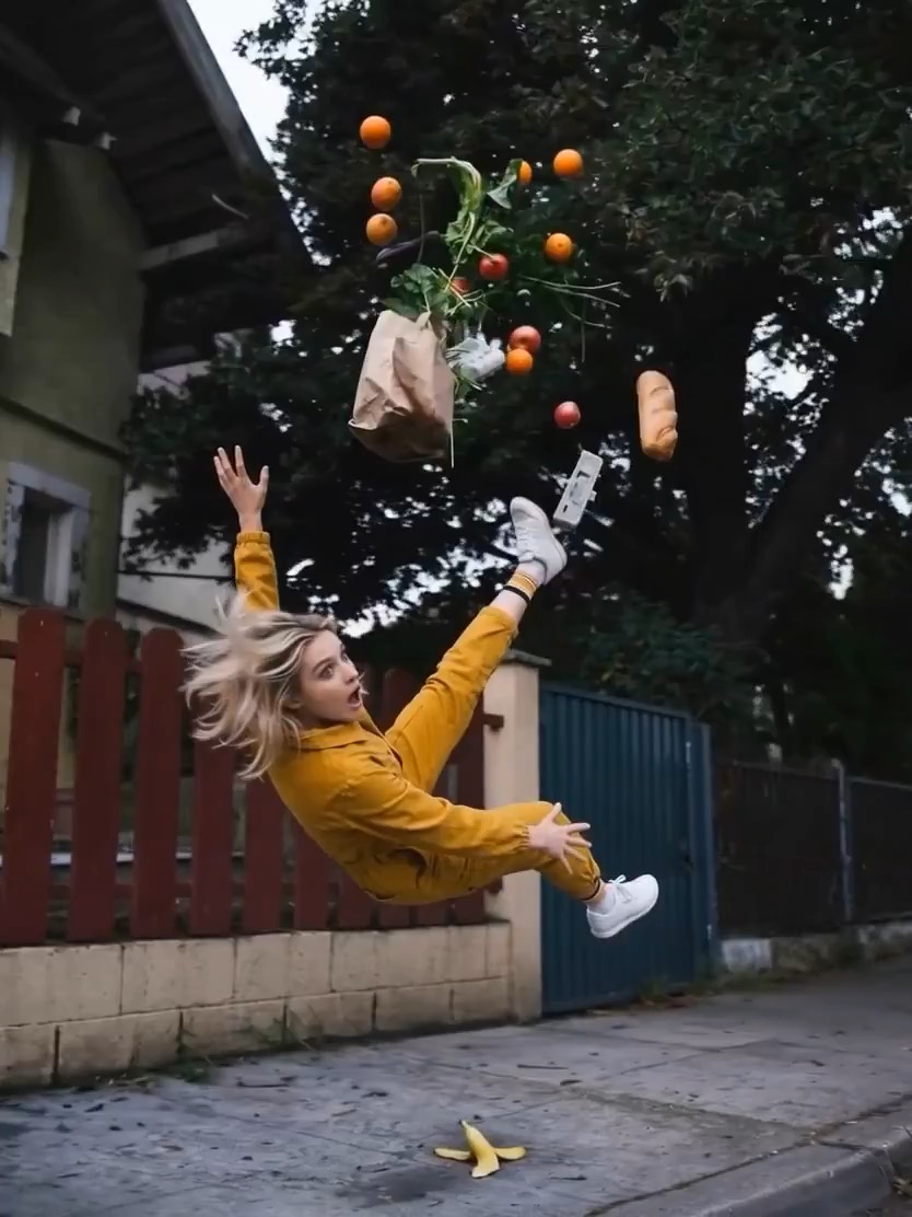 Прев'ю відео вуличного розливу в ефекті зупиненого часу із завмерлими бризками стаканчика та низькою орбітою камери навколо постановочного суб'єкта в середині ковзання.
