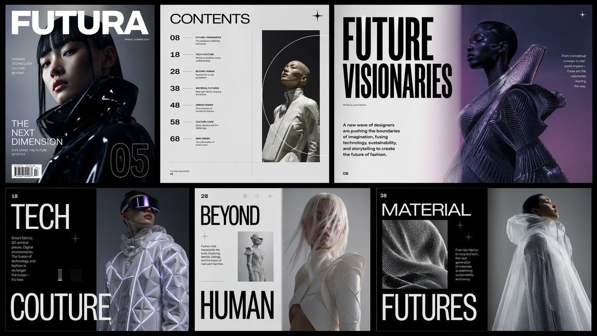 Náhled futuristického módního editorialového spreadu s obálkou, obsahem, tematickými stránkami, experimentálními mřížkami a dramatickým osvětlením.
