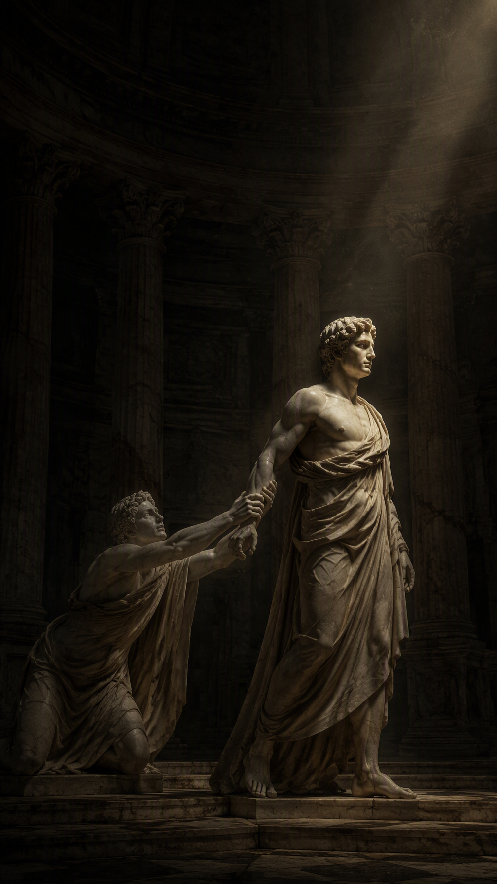 Two original marble figures, one stepping forward as the other reaches toward a released arm
