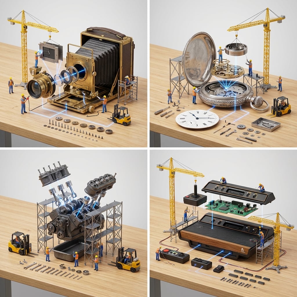 Verified mechanical device parts arranged in three layers with miniature cranes and inspection crews