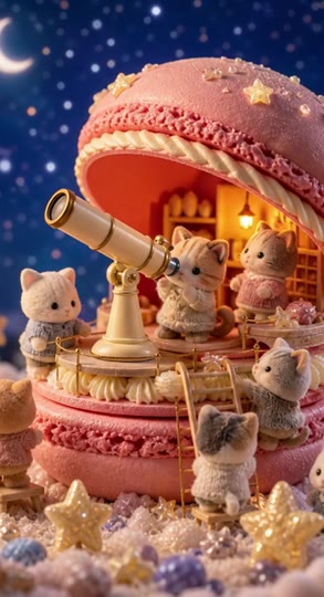 Original plush astronomers operating cream telescopes inside a macaron dome