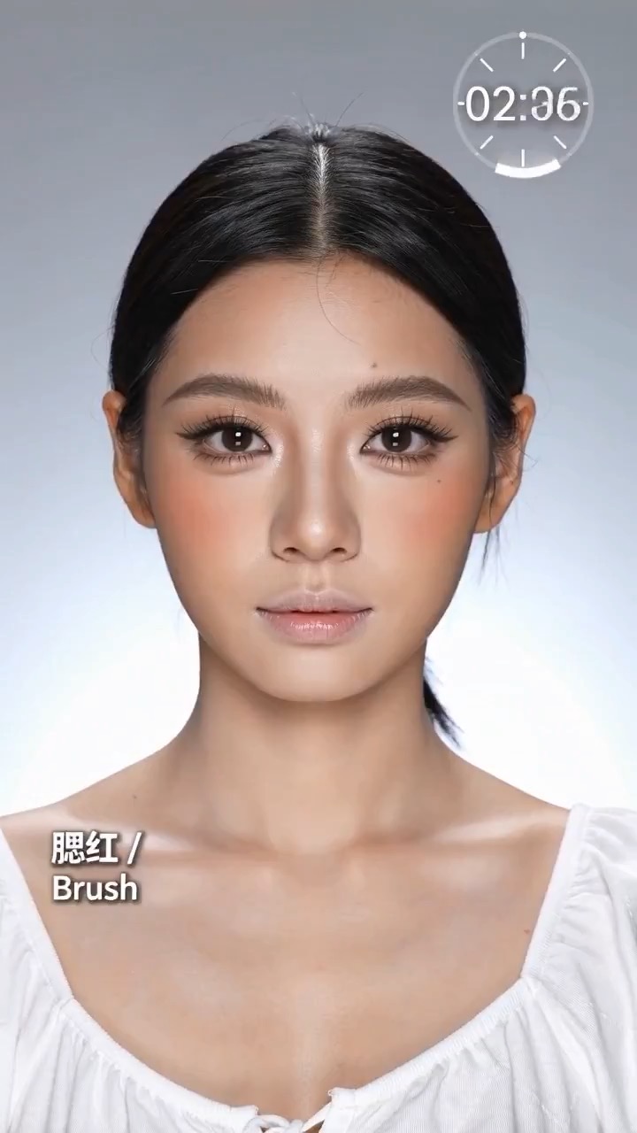 Náhled rychlé makeup transformace s dospělým beauty tvůrcem, neznačkovým toaletním stolkem, detailem štětce, plynulým přechodem a finálním upraveným vzhledem.