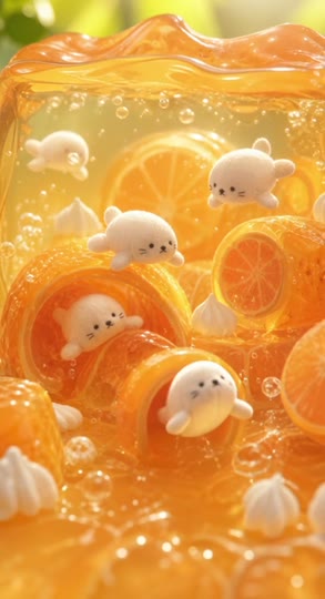 Three original plush toys swimming in a transparent orange-jelly aquarium