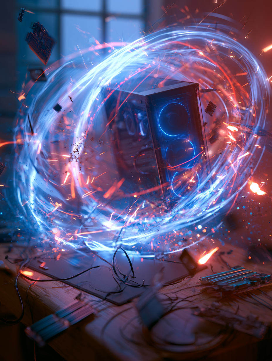 Original gaming PC floating above a desk with RAM, graphics card, cables, and blue-red rings