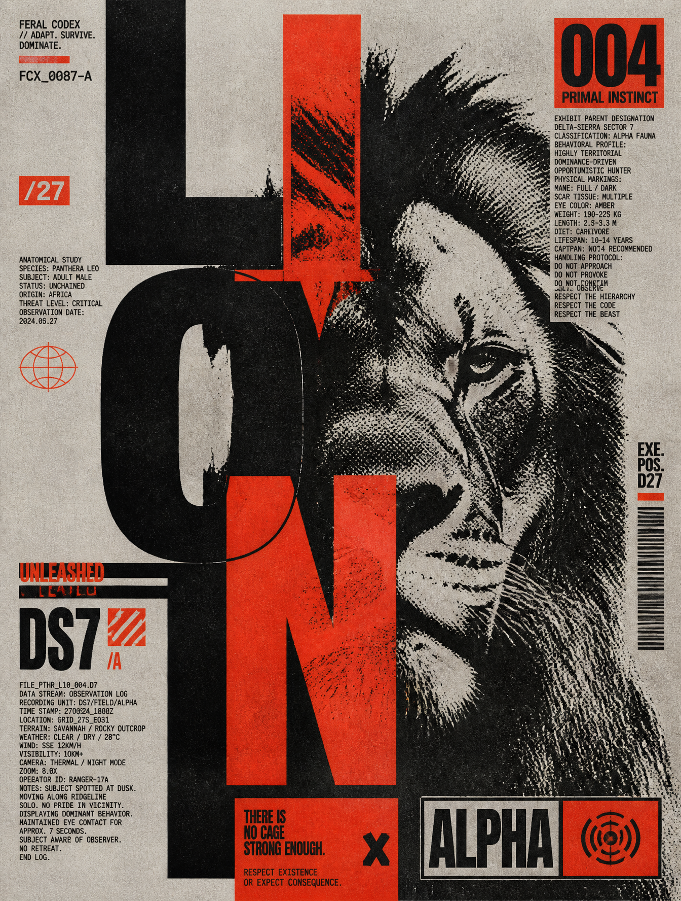 One-bit lion head colliding with oversized vermilion and charcoal title blocks on gray paper