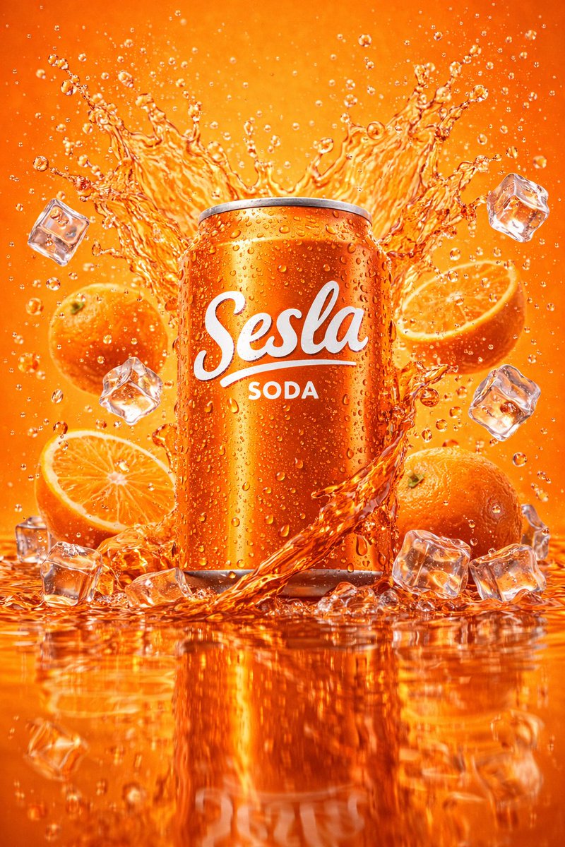 Náhled plechovky pomerančové limonády stojící v oranžovém tekutém rozstřiku s kostkami ledu, půlkami citrusů, kapkami, kondenzací a reflexní hladinou.