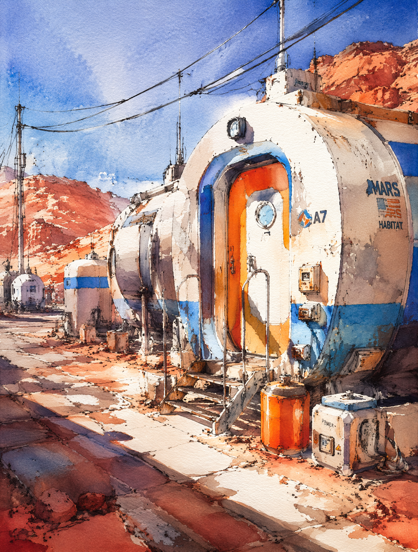 Watercolor Mars habitat with white, blue, and orange modules around a paved court