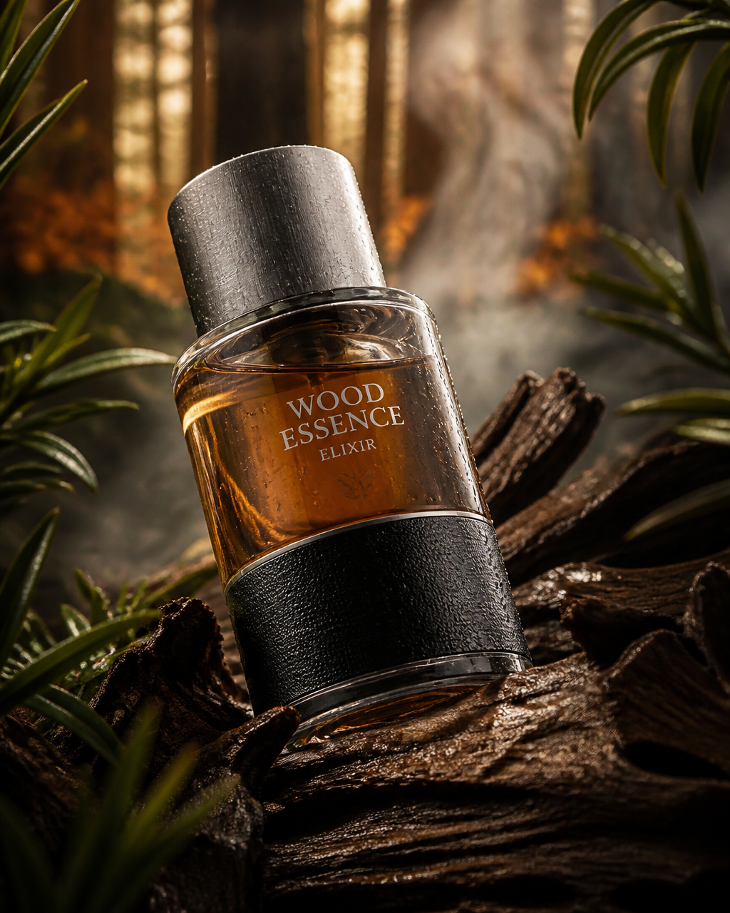 Unbranded cylindrical fragrance bottle lying diagonally among dark wood and autumn foliage