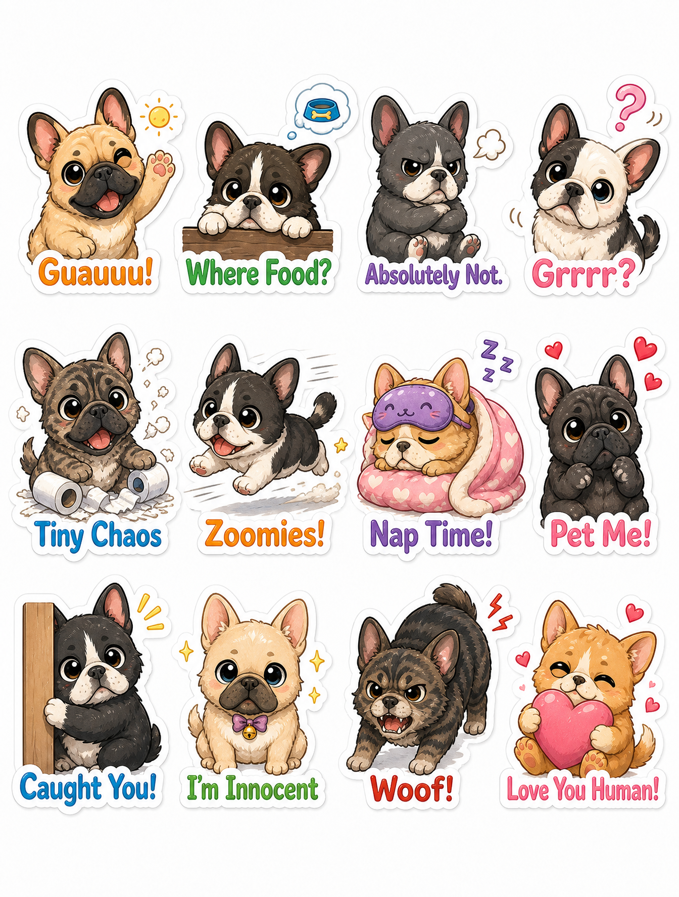 Twelve chibi French-bulldog stickers in a four-by-three grid on white