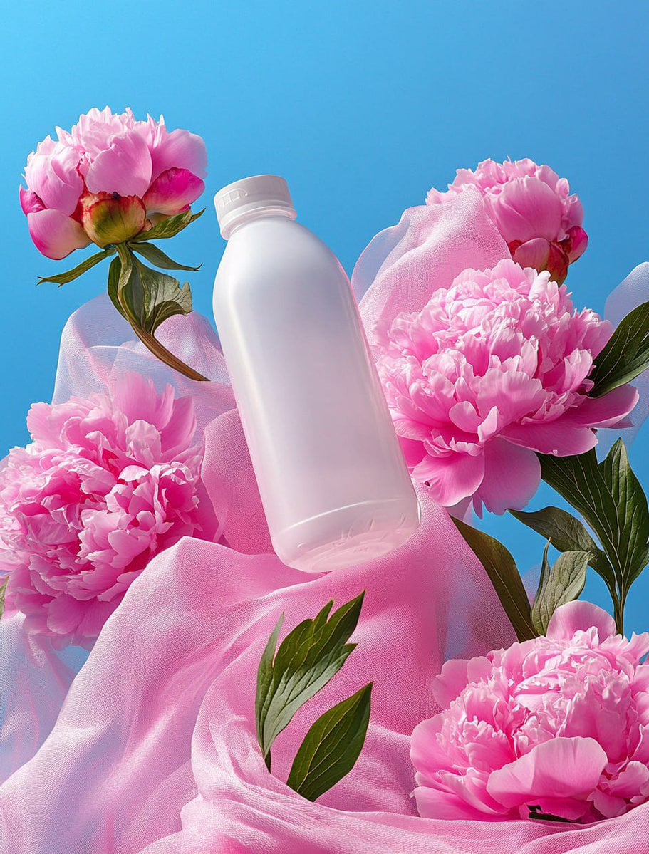 Blank matte-white bottle-jug supported by pink peonies and fabric against blue sky