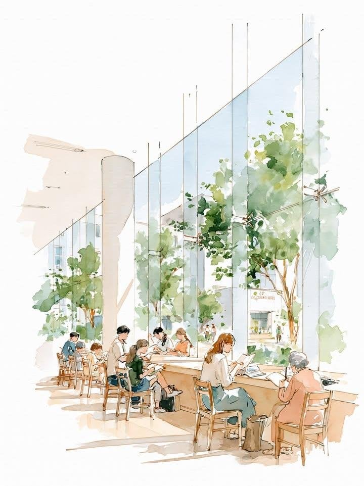 Niestandardowa scena architektoniczna ze spójnymi meblami, aktywnością dorosłych, światłem i widokiem