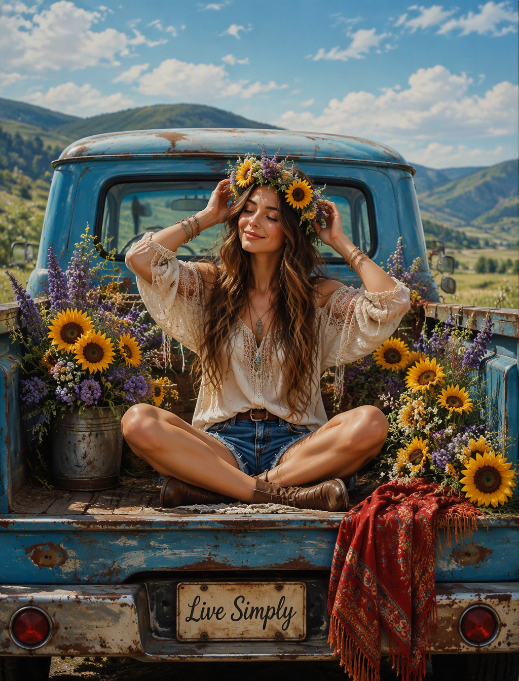 Original adult seated among sunflowers and purple blooms in a faded-blue pickup bed