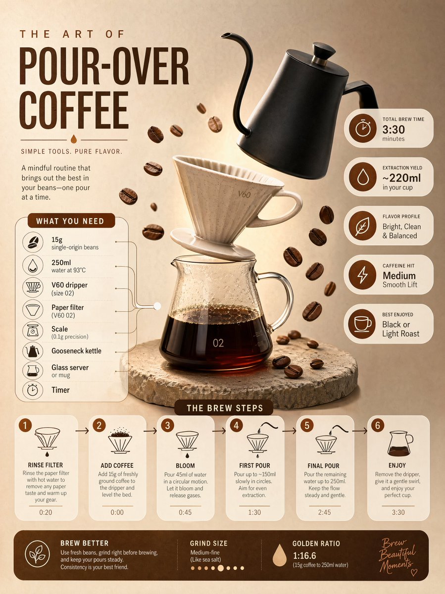 Araçları, malzeme kontrol listesini, numaralı adımları ve parametre rozetlerini gösteren pour-over kahve demleme infografiği önizlemesi.