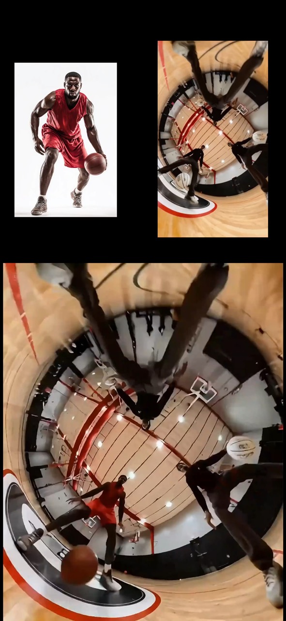 Náhled videa přenosu basketbalového pohybu, kde referenční atlet zachovává původní pohyb ze zdrojového klipu.