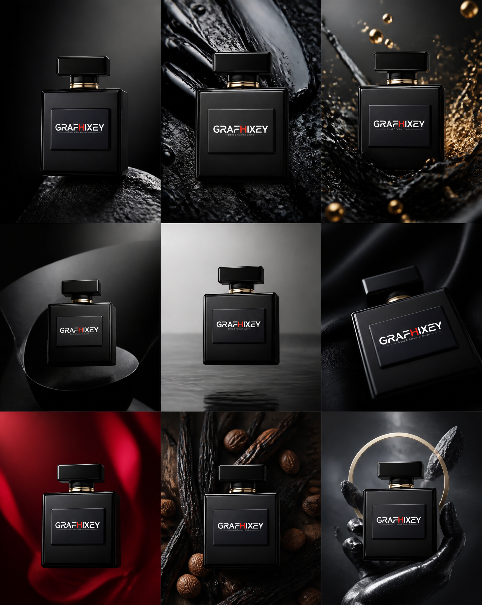 Three-by-three campaign grid showing one consistent generic product in nine distinct studio concepts