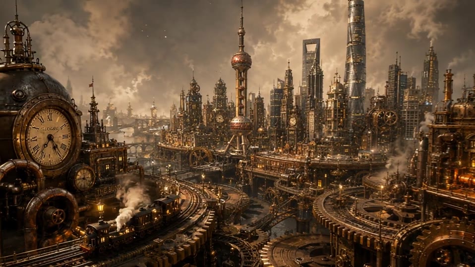 Fictional Shanghai-inspired riverfront city above coordinated brass gears